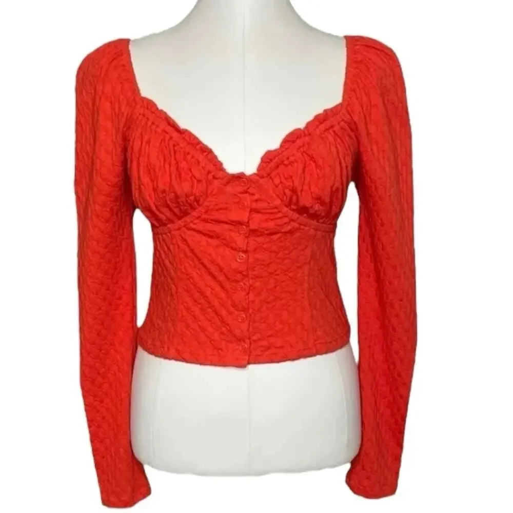 Free People Ladybug Long Sleeve Boho Top S Flambe‎ Red Cropped Puff slv Milkmaid